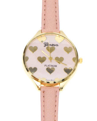 Ceas Hearts cu bratara din piele ecologica roz