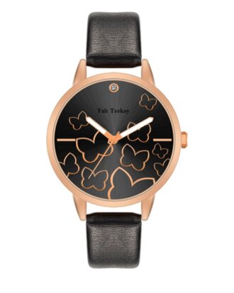 Ceas Butterfly cu bratara neagra din piele ecologica si cadran cu fluturi