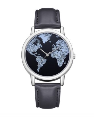 Ceas Around the World cu bratara din piele ecologica neagra