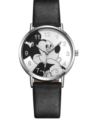 Ceas cu bratara neagra din piele ecologica si cadran cu Mickey Mouse