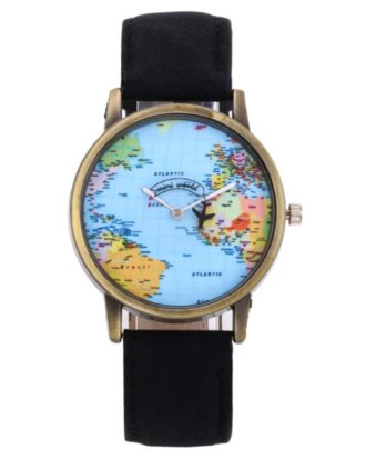 Ceas Mini World negru cu avion pe acul de ceas si cadran cu harta lumii