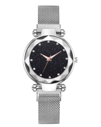 Ceas Shinny cu bratara magnetica argintie si cadran cu sclipici negru