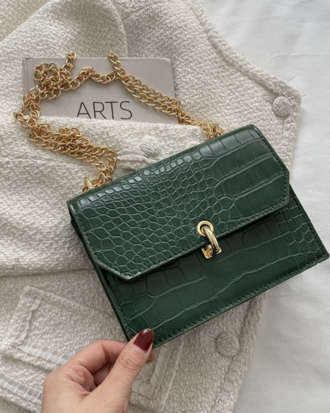 Geanta Kelly verde din piele ecologica tip croco