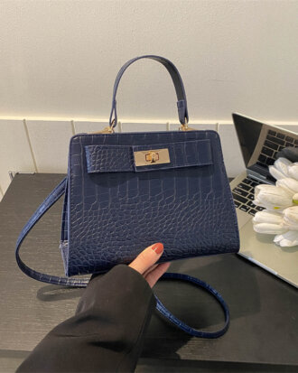 Geanta Cindy bleumarin din piele ecologica tip croco, 22 x 16 x 9 cm