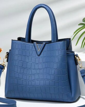 Geanta Irene bleumarin din piele ecologica tip croco, 26 x 21 x 14 cm