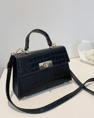 Geanta Claire neagra din piele ecologica tip croco cu bareta de umar reglabila, 20 x 16 x 7 cm